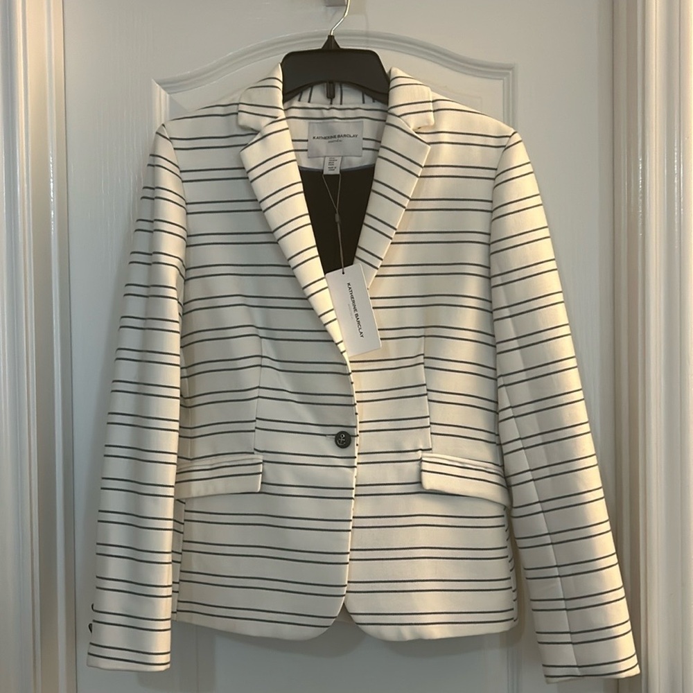 NWT Katherine Barclay White Stripe Button Career Lined Blazer Women's